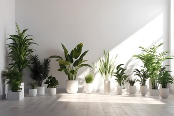 House plants against white wall mockup, group of fresh green home plants, creates healthy microclimate, air purifying, generative ai image