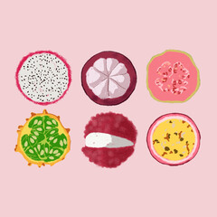 Summer fruits. Textured exotic Background. Flat fruits. Exotic citrus. Exotic collection fruits. 