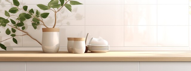 Fototapeta na wymiar Modern kitchen countertop mockup, wood countertop with blank wall for product placings, generative ai illustration