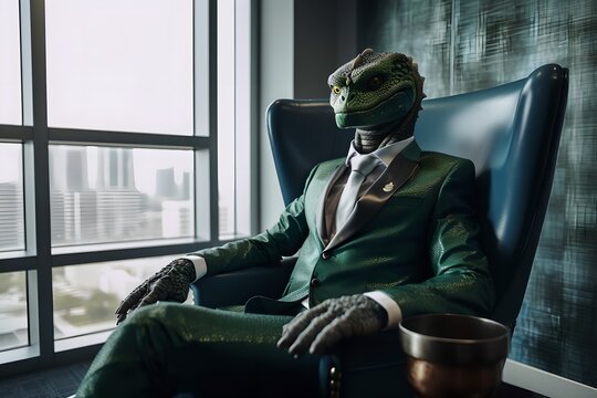 Reptiloid secret ruler of the world, conspiracy theory about the existence of lizard people in government, generative ai illustration