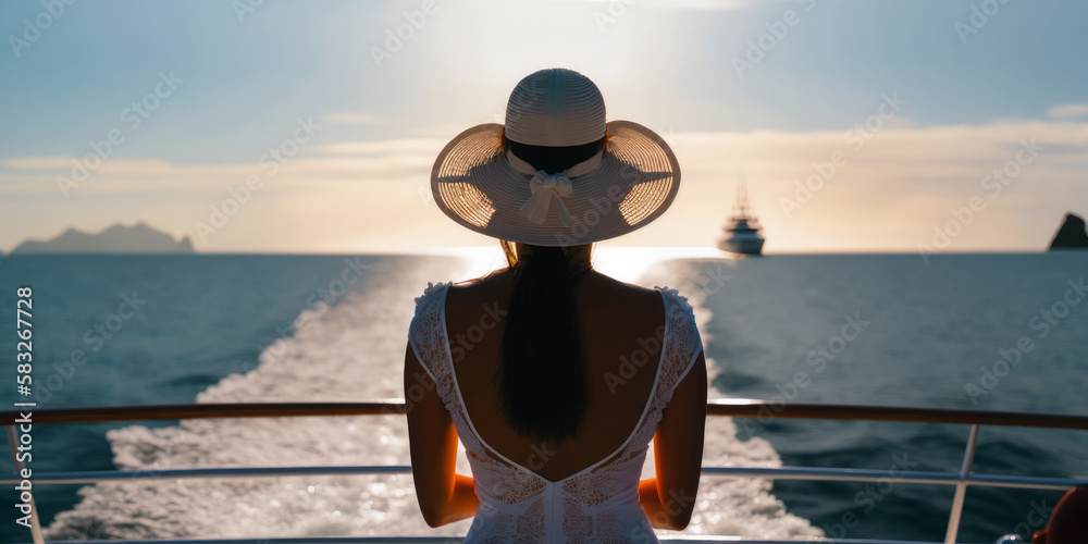 Wall mural view from behind woman relaxing on a luxury boat. Generative ai - Wall murals