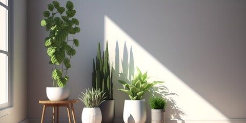 House plants against a white wall mockup, group of fresh green home plants, creates healthy microclimate, air purifying, generative ai image