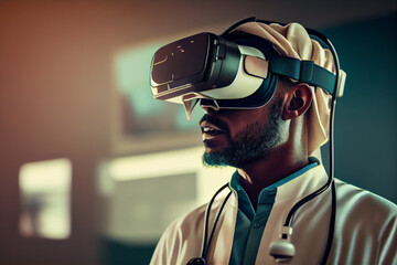 Male doctor at a hospital, using a Virtual Reality Glasses, looking at a virtual screen. - obrazy, fototapety, plakaty