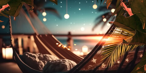 Obraz premium evening on the beach at sea luxury resort candles burn on the tables of a beach cafe, hammock with cozy pillows ,tropical plant and flowers holiday vacation travel background,generated ai