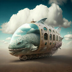 Mechanical Whale, an illustration of a surreal whale with a mechanical structure in the shape of a bus. Generative AI
