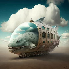 Crédence de cuisine en verre imprimé Inspiration picturale Mechanical Whale, an illustration of a surreal whale with a mechanical structure in the shape of a bus. Generative AI