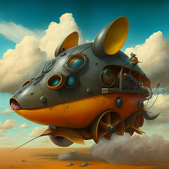 A mechanical vehicle, an illustration of a surreal vehicle in the shape of a mouse. Generative AI