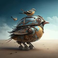 Fotobehang Schilderkunst A mechanical sparrow, an illustration of a surreal bird with a mechanical structure. Generative AI