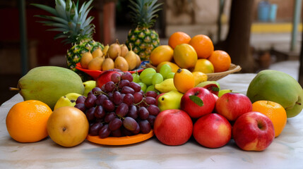 Naklejka na ściany i meble Various fresh fruits arranged at the market