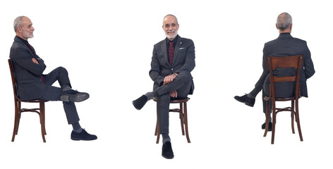 side, back  and front view of same man sitting on chair  sitting on chair with tie on white...