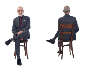 front and back of same man sitting on chair  with tie on white background
