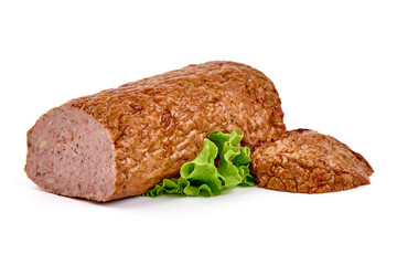 Baked meatloaf, minced meat roll, isolated on white background.