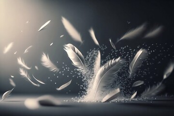 Delicate elegant white falling feathers background. Generative AI