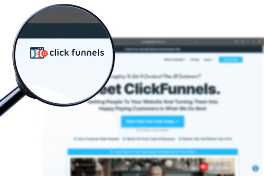 Los Angeles, California, USA - 20 Martha 2023: Illustrative Editorial of CLICKFUNNELS.COM website homepage. CLICK FUNNELS logo visible on display screen.