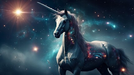 Obraz na płótnie Canvas Mythical unicorn in outer space among galaxies and stars, ultra realistic beautiful majestic unicorn, Generative AI