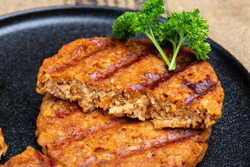 Tasty vegan burgers made from vegetarian plant based soya beans imitation meat