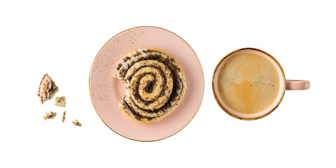 Fresh baked broken tasty poppy spiral bun with sugar fudge on pink plate and vintage cup of coffee isolated
