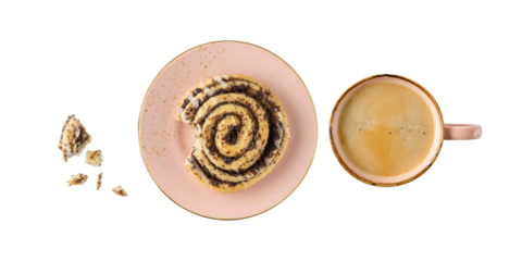 Fresh baked broken tasty poppy spiral bun with sugar fudge on pink plate and vintage cup of coffee isolated