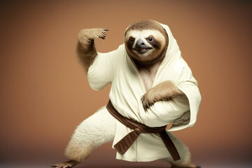sloth in white kimono doing karate, created with Generative AI technology