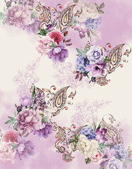 Fototapeta na wymiar background with butterflies violet roses pasley