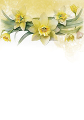 Generative AI. Watercolor daffodils and leaves on white background - vertical botanical design banner. Floral pastel watercolor, vintage style