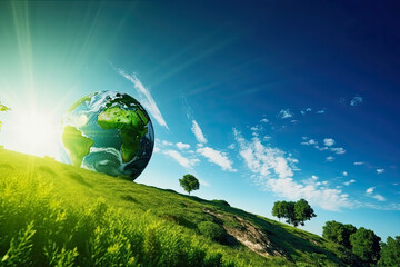 generative ai illustration of a wonderful green planet earth in a green landscape area with bright blue sky and sun rays, copy space