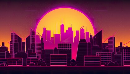 Synthwave retro cityscape . Creative illustration. (Ai Generate)