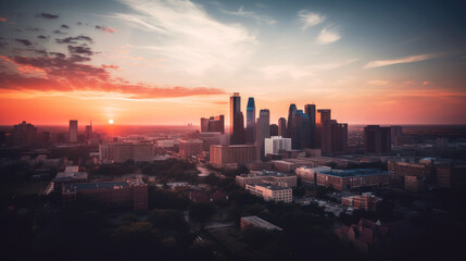 Fototapeta na wymiar City skyline at sunset. Generative AI illustration