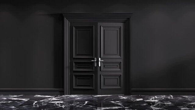 Black doors opening to the white background. Green chroma key included.