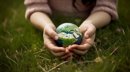 Earth Day Child Holding the Planet on Grass