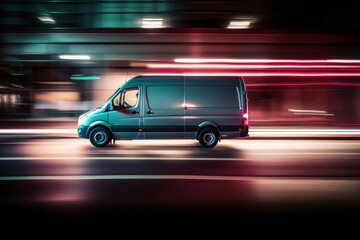 Fototapeta na wymiar A delivery van with glowing lights and fast motion blur. Generative ai
