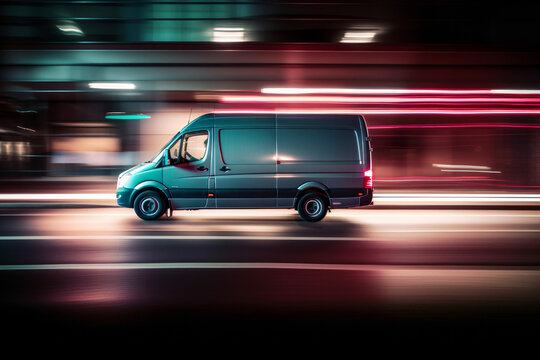 A delivery van with glowing lights and fast motion blur. Generative ai