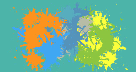 Composition of multi coloured splashes of paint on green background