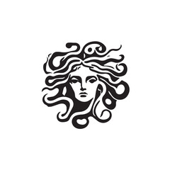 Ancient greek Gorgon Medusa, woman head logo. Vector illustration of female face. Silhouette svg, only black and white.