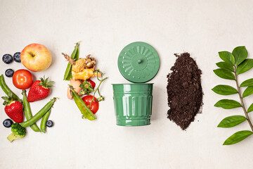 Green compost bin and kitchen leftovers. Recycling scarps, sustainable and zero waste lifestyle...
