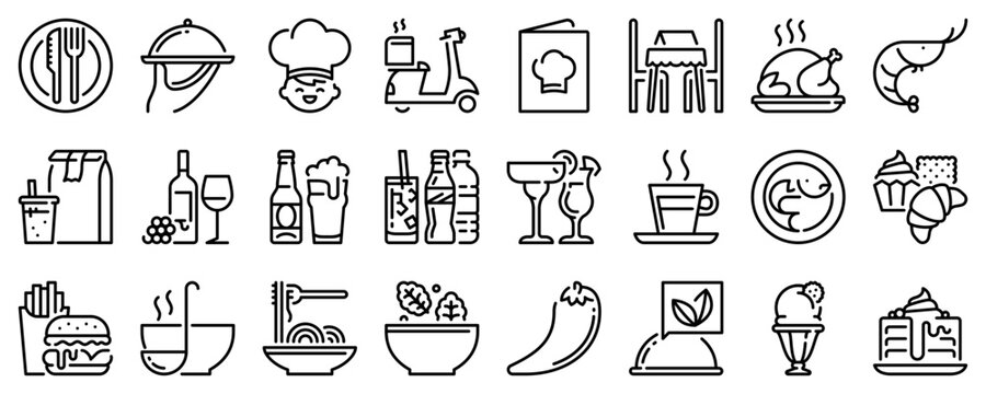 Line icons about restaurant on transparent background with editable stroke.