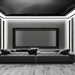 A minimalist home theater with a black and white color scheme1, Generative AI