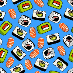 Vector pattern with cute Japanese sushi, shrimp and salmon in cartoon style.