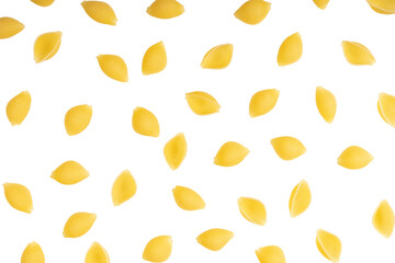 Conchiglioni spaghetti pattern, food background. Scattered raw pasta isolated on tansparent background, PNG. Ingredient for cook, traditonal italian cuisine. Banner, header, backdrop, restaurant menu