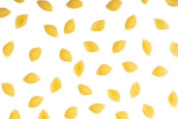 Conchiglioni spaghetti pattern, food background. Scattered raw pasta isolated on tansparent background, PNG. Ingredient for cook, traditonal italian cuisine. Banner, header, backdrop, restaurant menu