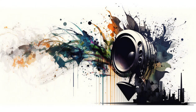 Speakers Erupting with Colorful Music Waves, isolated on white background - watercolor style illustration background by Generative Ai