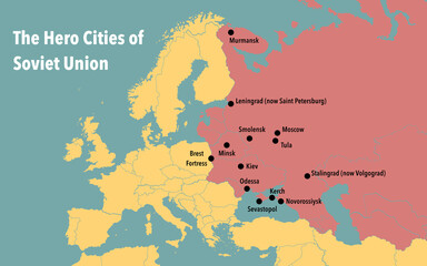 The thirteen hero cities of Soviet Union