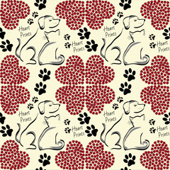 seamless pattern with dogs, cats, pawprints, hearts, and the text "heartprints"