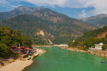 View of Ganga river  and Himalayas mountains from Lakshman Jhula bridge in Rishikesh