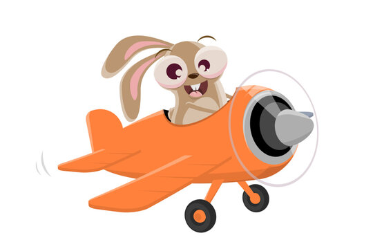 Funny Cartoon Rabbit Is Flying A Plane