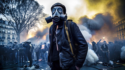 A protester wearing a gas mask during a riot in Paris, France - generative AI