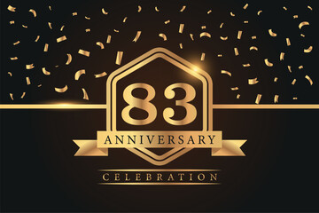 83rd years anniversary celebration luxury golden logo design with gold color numbers font in shinny frame with gold abstract design on black background 