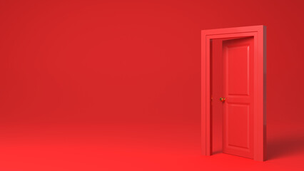 Half open door frame in the middle of the room on red background. 3D rendered image.