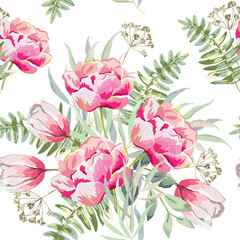 Spring pink flowers and green leaves bouquets, white background. Floral illustration. Tulips, fern, greenery. Vector seamless pattern. Botanical design. Nature plants. Romantic wedding