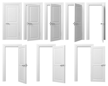 White doors set with silver handle. Front view opened and closed door. 3D rendered image